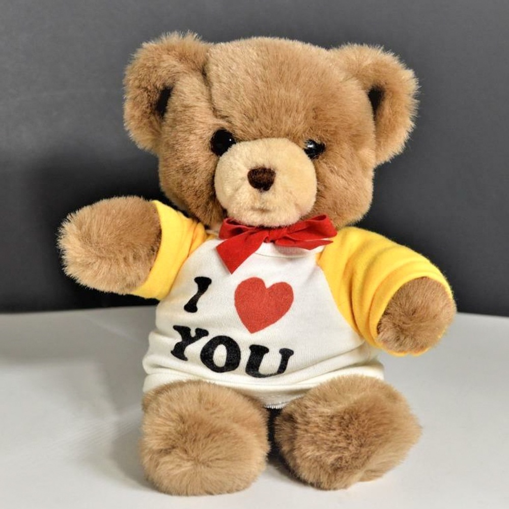 1983 GUND I Love You Tee Shirt Plush Brown Bear 9" Tall Vintage